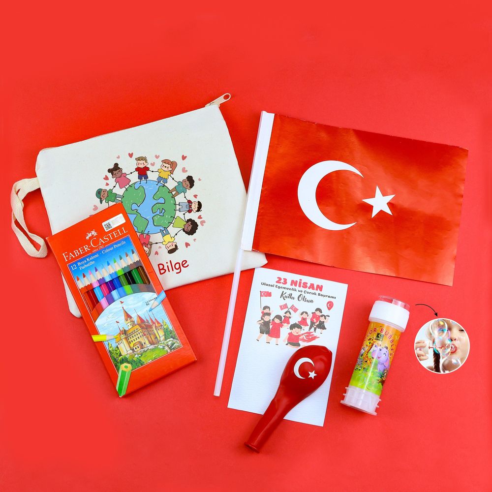 Türk Bayrağı & Balon & Ham Bez El Çantası & Faber-Castell 12'li Boya Kalemi & Köpük Baloncuk Hediye Seti