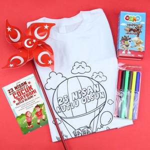 Türk Bayraklı Rüzgar Gülü & Ozmo Hoppo & 23 Nisan Kalemli Boyanabilir T-shirt Hediye Seti