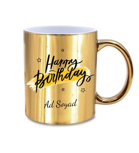 Kişiye Özel Happy Birthday Baskılı Gold Renk Kupa & Godiva 30gr Domes Çikolata & Doğum Günü Yıldız Mum Hediye Seti #2
